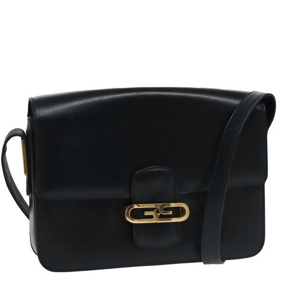 GUCCI Shoulder Bag Leather Navy Gold Auth - Picture 1 of 15